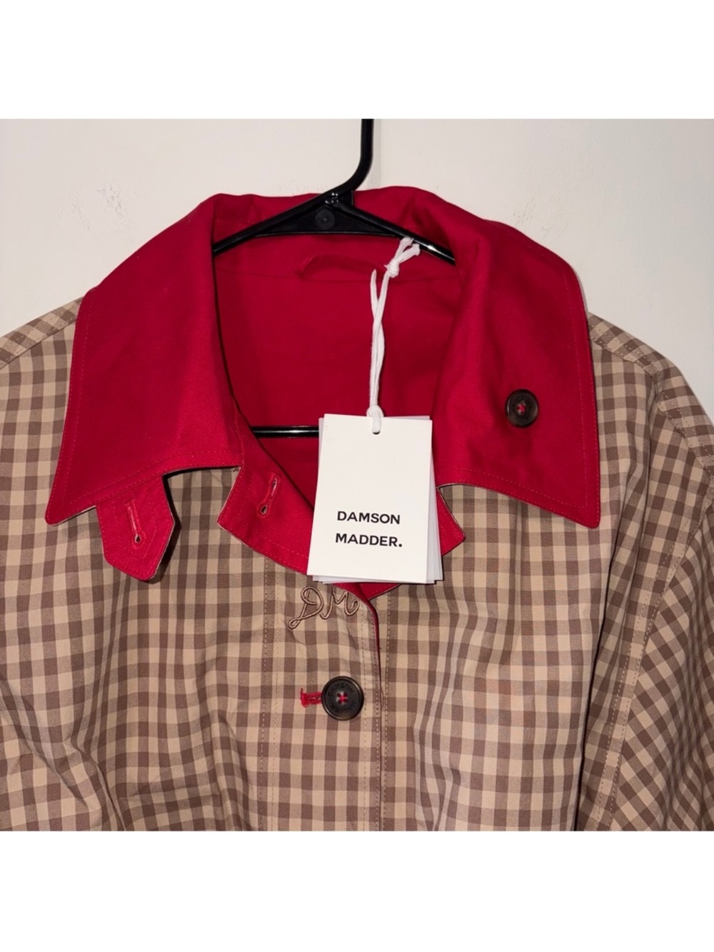 Damson Madder Reversible Red and Tan Check Women's Trench Coat oversized - Picture 15 of 16